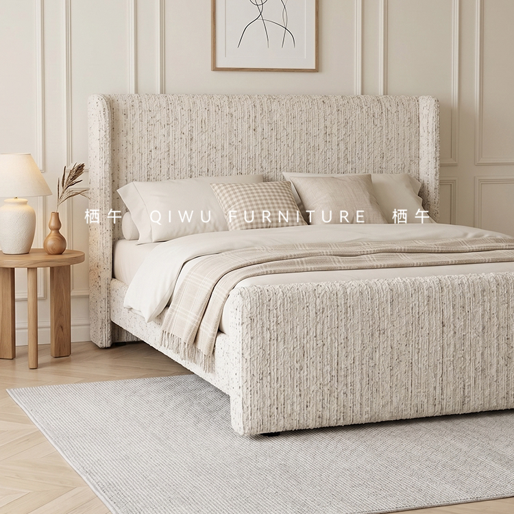 French-Style Fabric Bed for Master Bedroom, Cream Vintage Style, 1.8m Simple Double Bed, Frost White Plain Color French-Style Fabric Bed for Master Bedroom, Cream Vintage Style, 1.8m Simple Double Bed, Frost White Plain Color