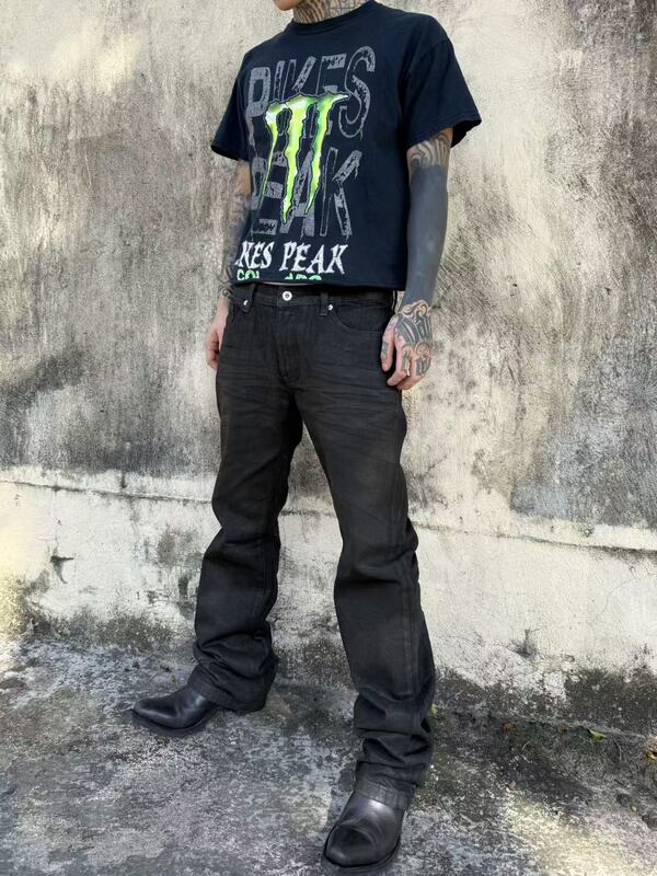 A-Line Micro-Flare, Faded and Distressed, Straight Slim Fit, Hand-Waxed, Y2K Rock Dark Waxed Jeans