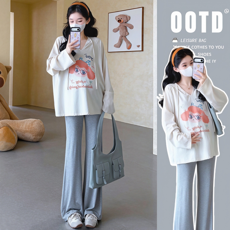 Maternity Wear "White Peach Elf" Korean Style Cartoon Print Hooded Long-Sleeved T-Shirt Spring Style Lazy Style Loose Top