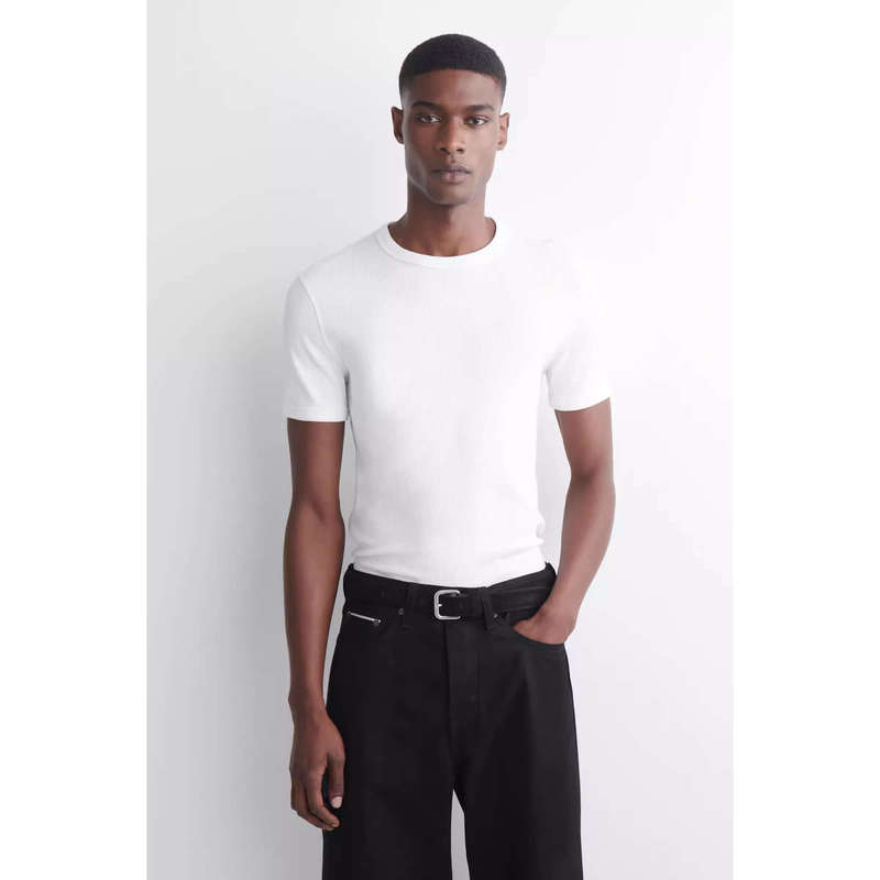 C*S Men's Slim Fit Round Neck Ribbed Versatile T-Shirt White Summer 1229297001