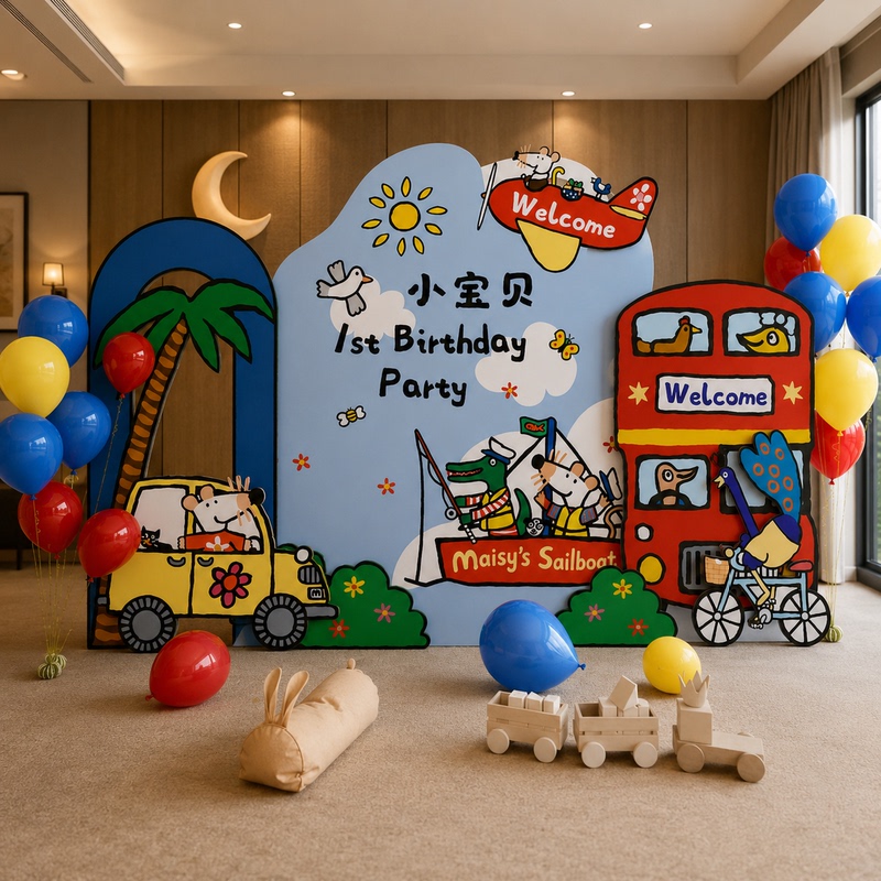 Mouse Bobo Themed Birthday Decoration Scene Setup Cartoon Children's Birthday Party Balloon Backdrop Kt Board