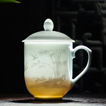 Jingdezhen Plum, Orchid, Bamboo, and Chrysanthemum Shadow Green Tea Cup Ceramic Tea Set with Lid, Large Capacity Office Cup Gift Box