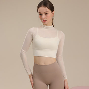 Yoga long-sleeved mesh fake two-piece fitness clothing with chest pads