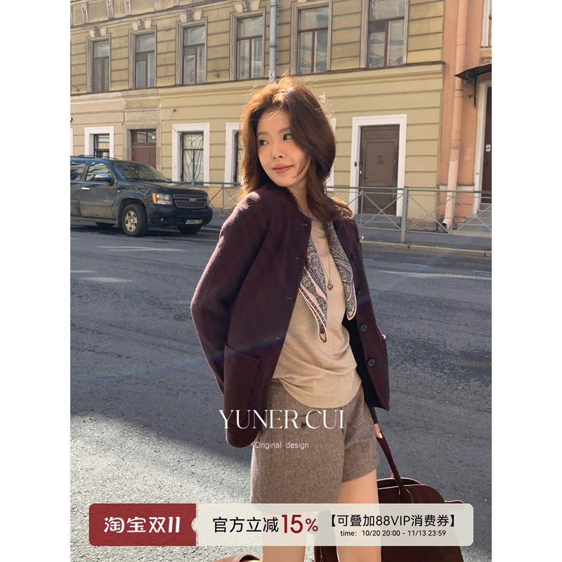 Cuiyuner【Esther Manor】High-End 100% Sheep Wool Stand-Up Collar Knitted Cardigan Jacket for Women B2188