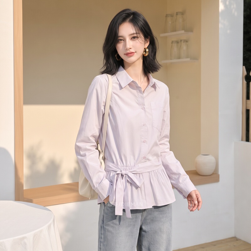 2026 Autumn New Women's Korean Style Commuter Style Shirt Long Sleeve Turn-Down Collar Plus Size Slimming Light Purple Elegant Casual 2026 Autumn New Women's Korean Style Commuter Style Shirt Long Sleeve Turn-Down Collar Plus Size Slimming Light Purple Elegant Casual