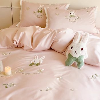 100s tribute satin long velvet cotton all cotton four-piece set cute rabbit patch embroidered pure cotton bed quilt cover bed sheet