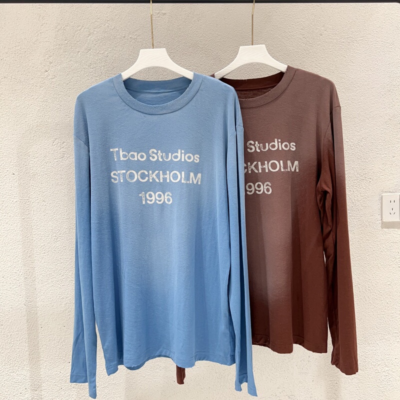 Correct Version 26 Spring/Summer New Style Cornflower Blue Washed 1996 Cotton-Linen Long-Sleeve T-Shirt Celebrity Style Unisex Couple's Wear