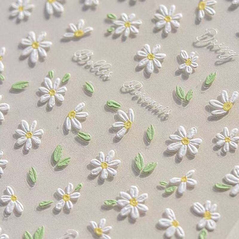 New Fresh Spring Daisy Nail Stickers Embossed Plaid Daisy Spring Blossoms Romantic Nail Stickers