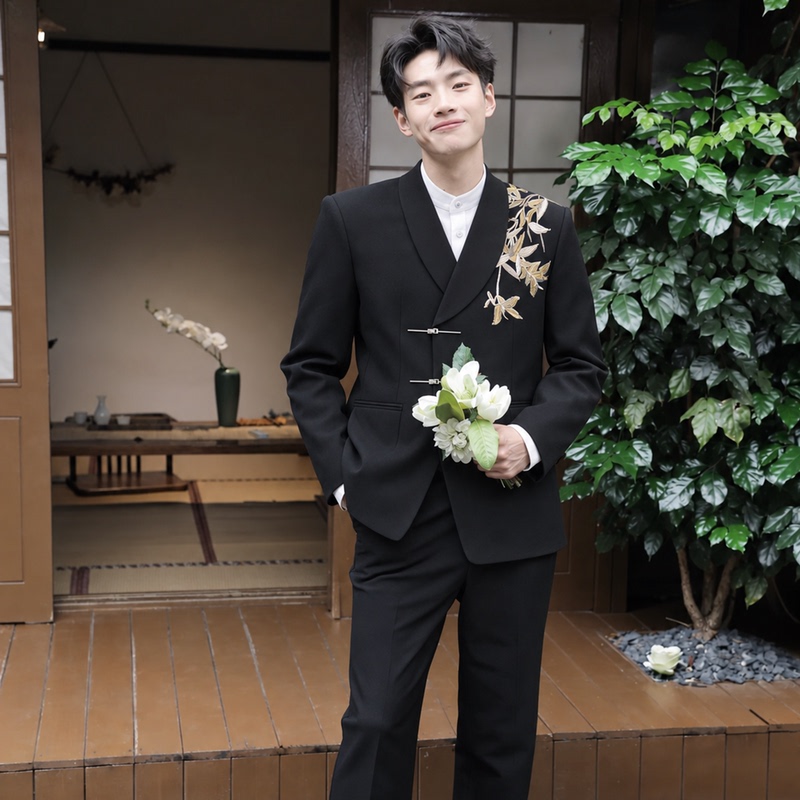 Joyful Orange New Chinese Style Groom Suit Set Black Mandarin Collar Embroidered Suit Wedding Engagement National Style Zhongshan Suit