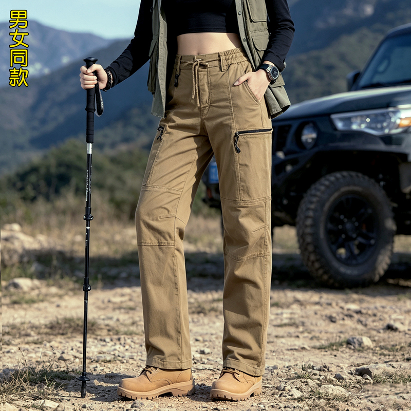Work Pants for Women, Suitable for Spring, Autumn, and Winter, Outdoor Hiking, Multi-Pocket, Cool Style, Elastic Waist, Long Pants, Men's Straight-Leg Casual Pants