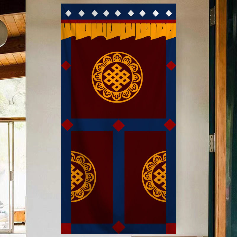 Tibetan Ethnic Door Curtain for Bathroom and Kitchen Partition, Home-Use Tibetan-Style Fabric Curtain for Living Room and Bedroom, Thickened Hanging Curtain, No Drilling Required