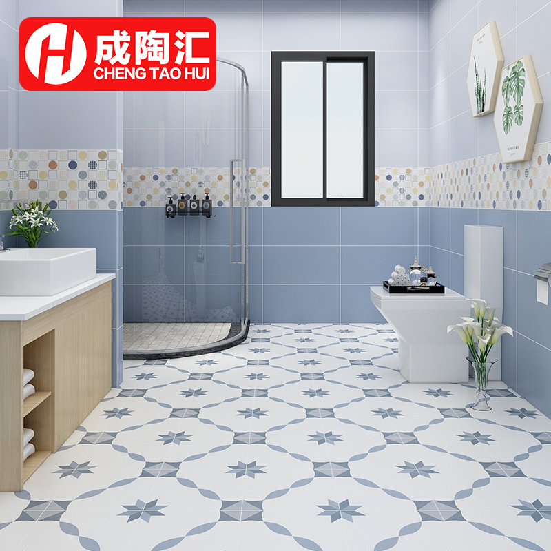 Nordic Small Flower Brick Mediterranean Small Frescoed Dressing Room Floor Tiles Kitchen Wall Brick Blue Geometric Balcony Tiles 300