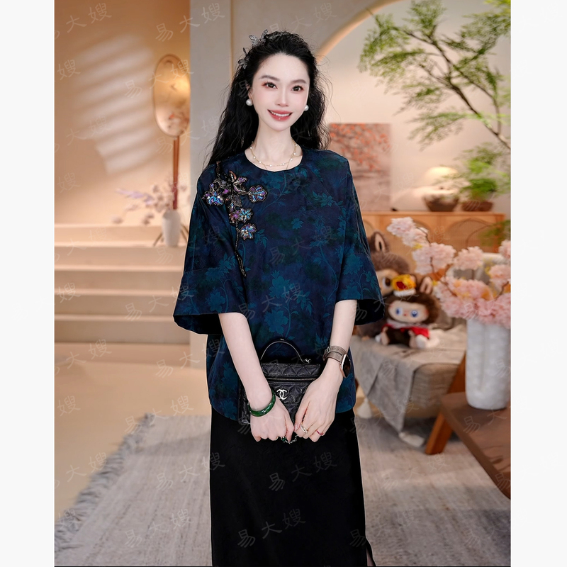 【Mo Lan Series】Tong Liya's Same Style Xiangyun Silk 100% Real Silk New Chinese Style National Style Top Tang Suit T-Shirt