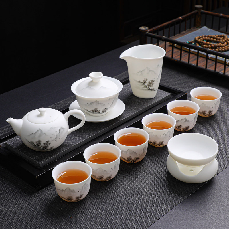 Light Luxury High-End Plain-Fired Jade Porcelain Tea Set for Home Use, Master Hand-Painted Ceramic Kung Fu Gaiwan Teapot Gift Box