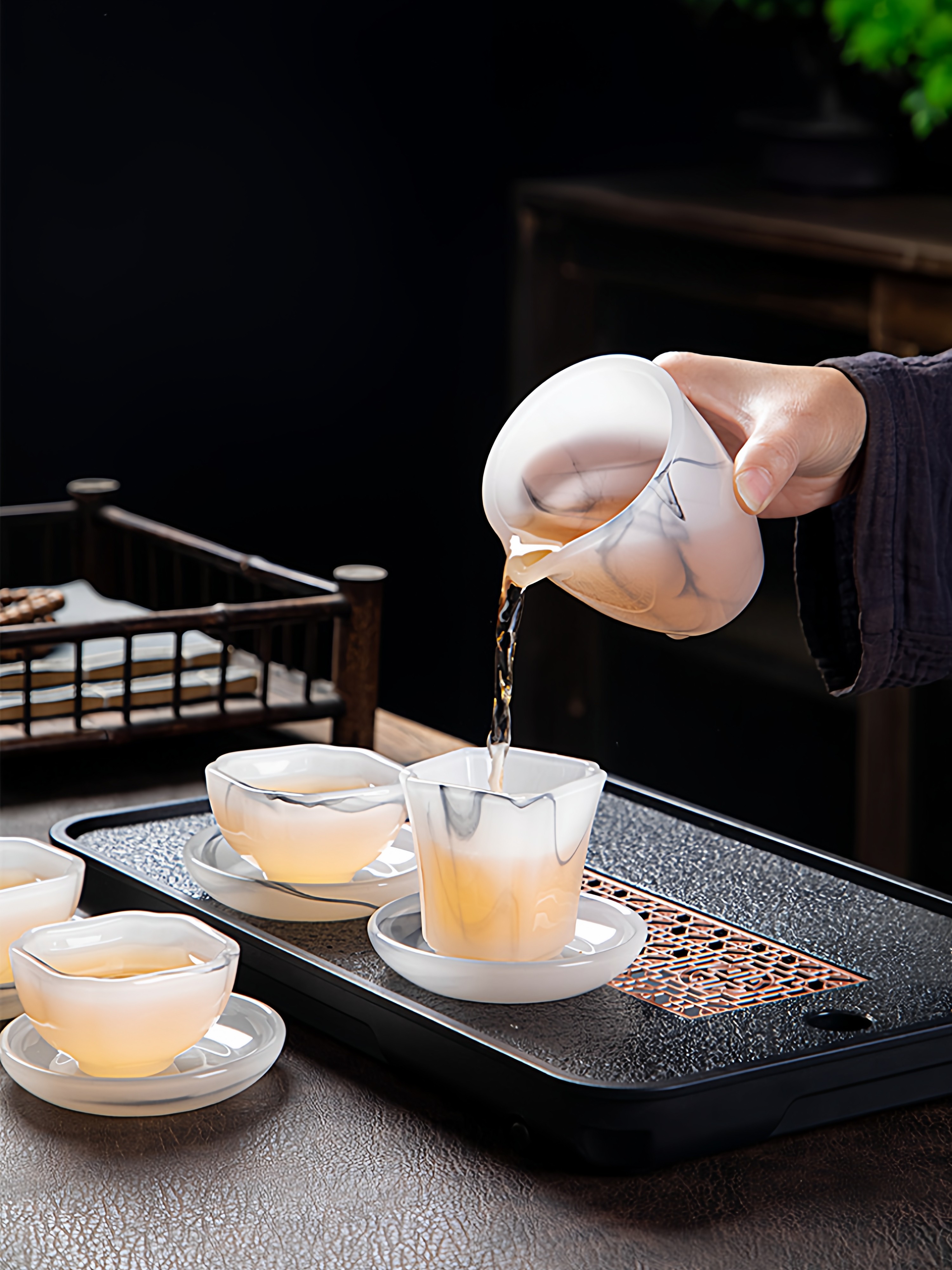 High-End Glazed Tea Set, Ice Crystal White Jade, Classy Light Luxury Tea Brewing Bowl, Tea Cup, Office Gift Box Set