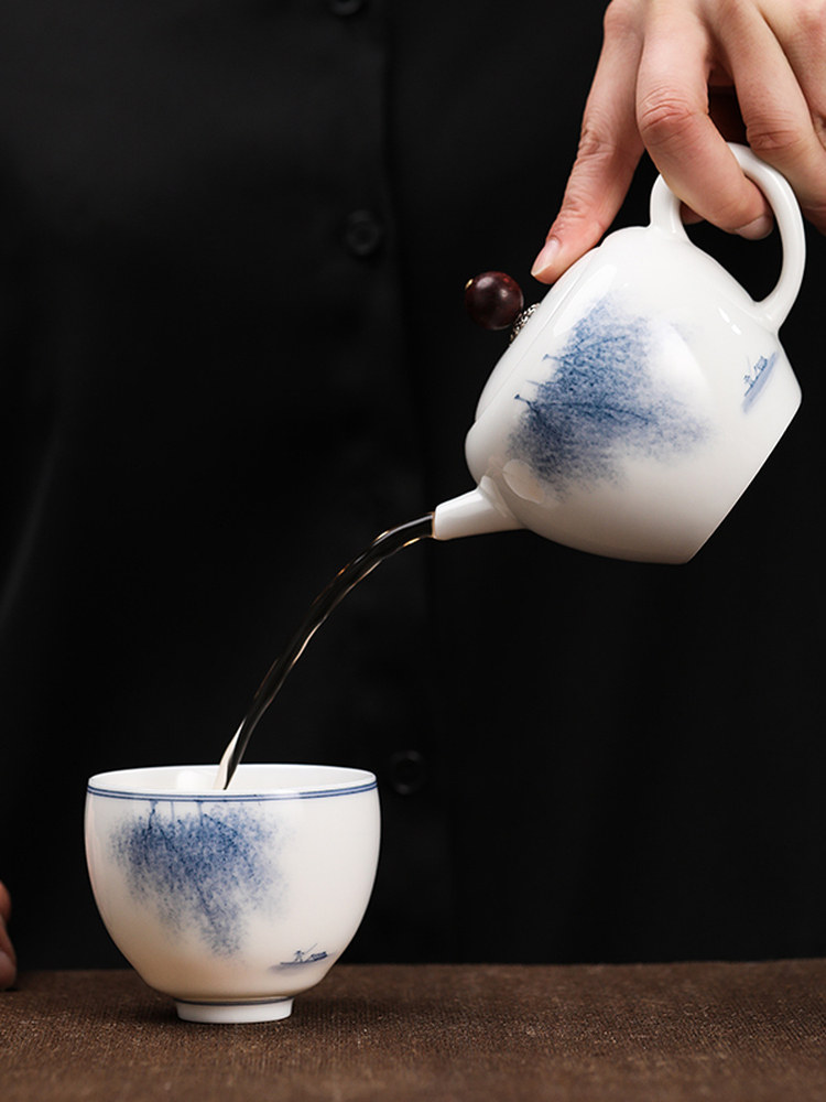 Light Luxury High-End Hand-Painted Blue and White Porcelain Tea Set for Home, Office, and Entertaining Guests, Teapot with Jade Lid, Gift Set
