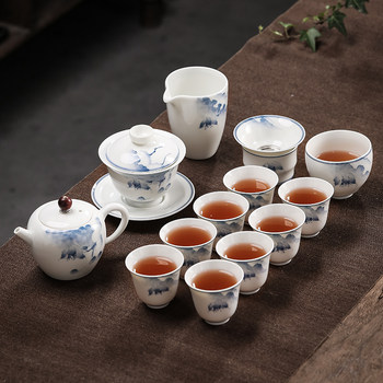 Light Luxury High-End Hand-Painted Blue and White Porcelain Tea Set for Home, Office, and Entertaining Guests, Teapot with Jade Lid, Gift Set