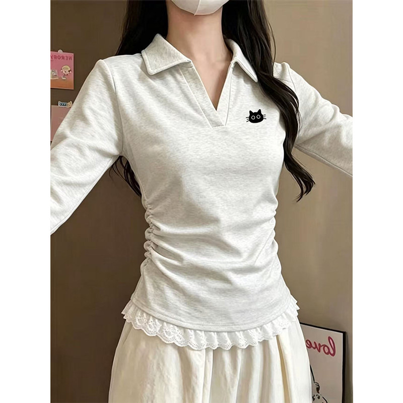 Stunningly Beautiful Waist-Cinching Lapel Long-Sleeve T-Shirt for Women, Early Autumn 2026 New Lace Trim Unique and Beautiful Slim-Fit Top Stunningly Beautiful Waist-Cinching Lapel Long-Sleeve T-Shirt for Women, Early Autumn 2026 New Lace Trim Unique and Beautiful Slim-Fit Top