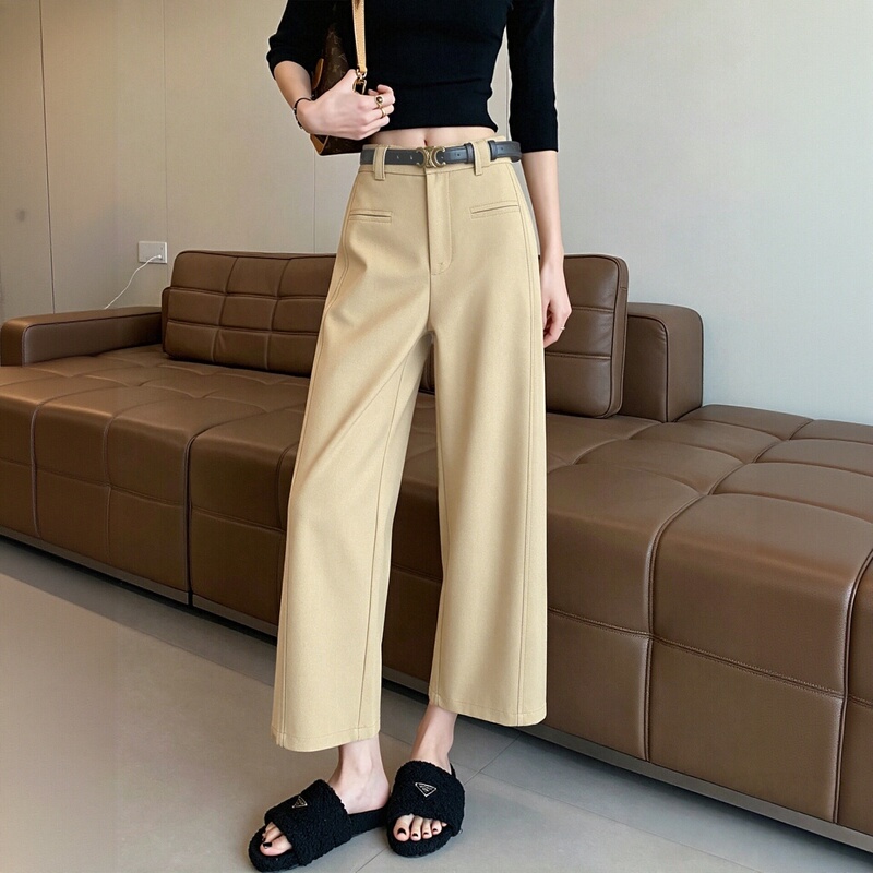 Khaki Straight-Leg Suit Pants for Women, Summer Thin High-Waisted Loose Cropped Pants for Petite Figures, Old Money Style Wide-Leg Pants Khaki Straight-Leg Suit Pants for Women, Summer Thin High-Waisted Loose Cropped Pants for Petite Figures, Old Money Style Wide-Leg Pants