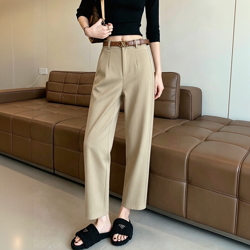 Khaki Ice Silk Harem Pants for Women, Summer Thin High-Waisted Loose Cropped Pants for Petite Figures, Casual Cigarette Suit Pants