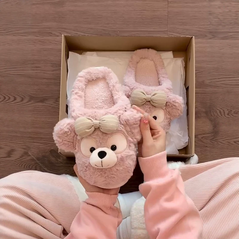 Домашние тапочки Duffy Bear из хлопка, женские зимние плюшевые тапочки для дома, тихие, с толстой подошвой, тёплые, нескользящие, стиль 2025