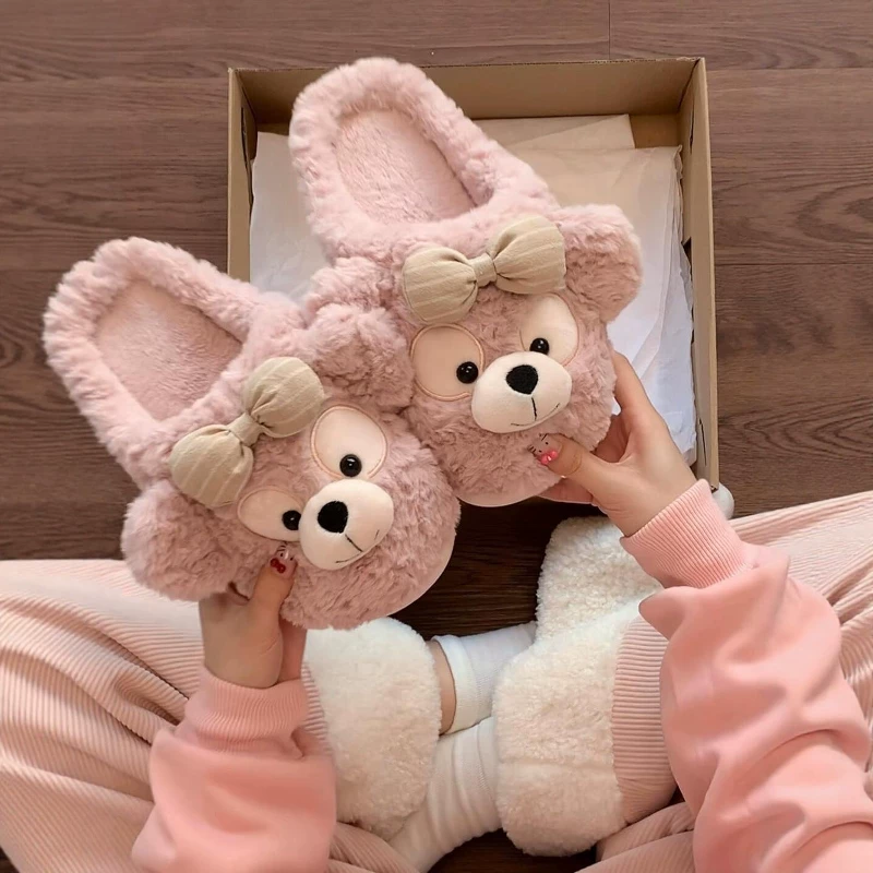 Домашние тапочки Duffy Bear из хлопка, женские зимние плюшевые тапочки для дома, тихие, с толстой подошвой, тёплые, нескользящие, стиль 2025
