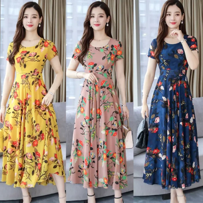 2025 New Floral Dress for Women, Slim Fit, High Waist, Large Hem, Round Neck, Mid-Length A-Line Dress, Milk Silk 2025 New Floral Dress for Women, Slim Fit, High Waist, Large Hem, Round Neck, Mid-Length A-Line Dress, Milk Silk