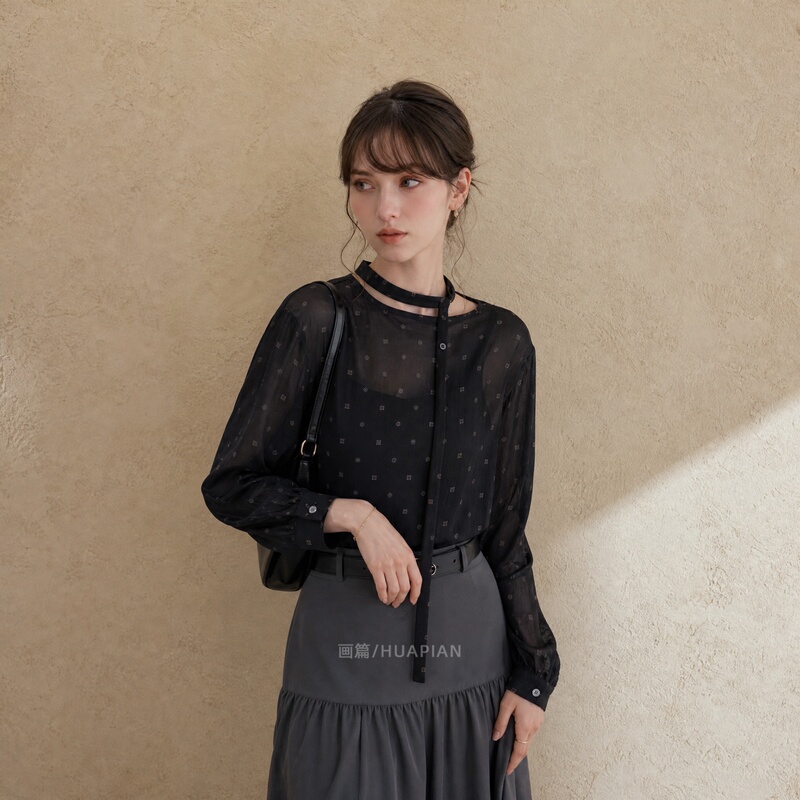 2026 Summer New Women's Clothing, Light and Mature Elegant Style, Black Polka Dot Mesh Top, Long-Sleeved See-Through Inner Layering Shirt 2026 Summer New Women's Clothing, Light and Mature Elegant Style, Black Polka Dot Mesh Top, Long-Sleeved See-Through Inner Layering Shirt