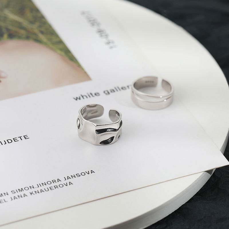 Japanese and Korean irregular concave and convex rings for women 925 sterling silver niche design hollow simple glossy opening index finger ring trendy