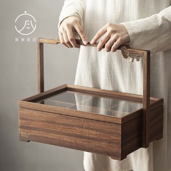 Walnut outdoor travel storage basket household transparent glass tea set collection cabinet new chinese tea box