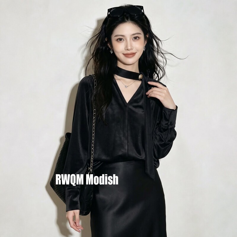 Black Halter Neck Ribbon Long-Sleeve Velvet Shirt for Women, Autumn 2026 New French Light Luxury High-End Upper-Class Top