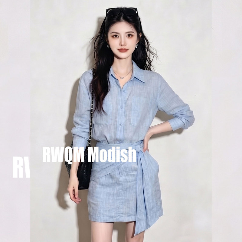 French-Style Blue Linen Shirt and Short Skirt Set for Women, 2026 Summer New Model, Very Beautiful, High-End, Upper-Class Two-Piece Set