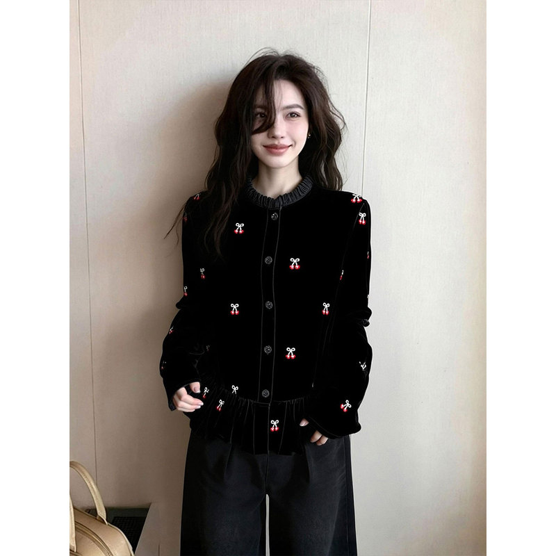 Sweet Style Black Ruffled Long-Sleeved Top for Women 2026 New Autum Design Cherry Embroidered Round Neck Button-Up Shirt Sweet Style Black Ruffled Long-Sleeved Top for Women 2026 New Autum Design Cherry Embroidered Round Neck Button-Up Shirt