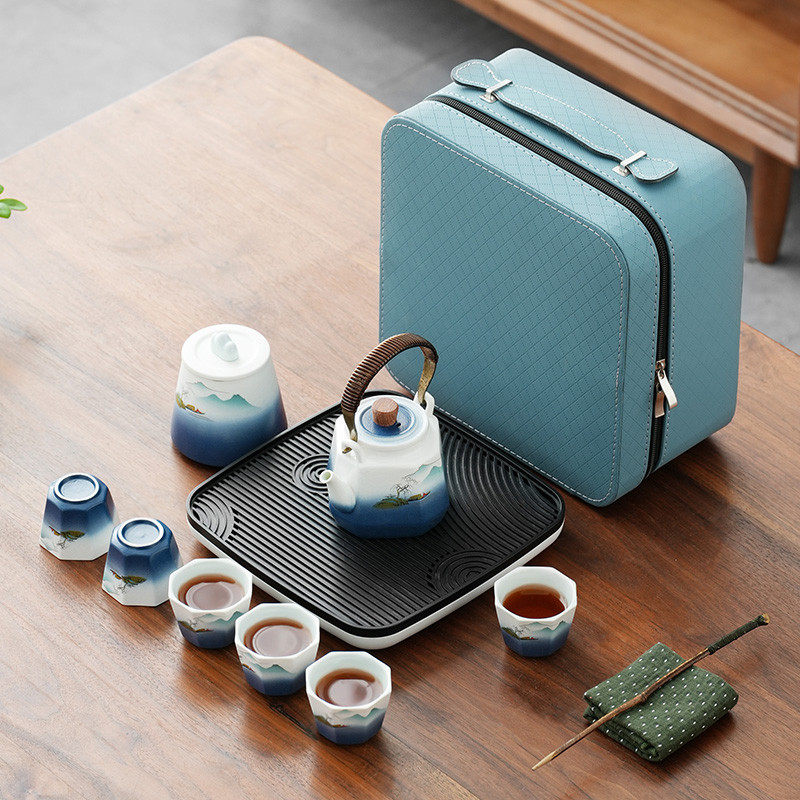 Travel ceramic kung fu tea set small set for outdoor camping portable bag one pot six cups teapot tea cup