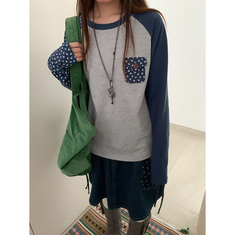 Eddyplan Swirl Pattern Floral Raglan Sleeve Small Pocket T-Shirt with Contrasting Color Stitching and Buttoned Round Neck for a Slimming Effect