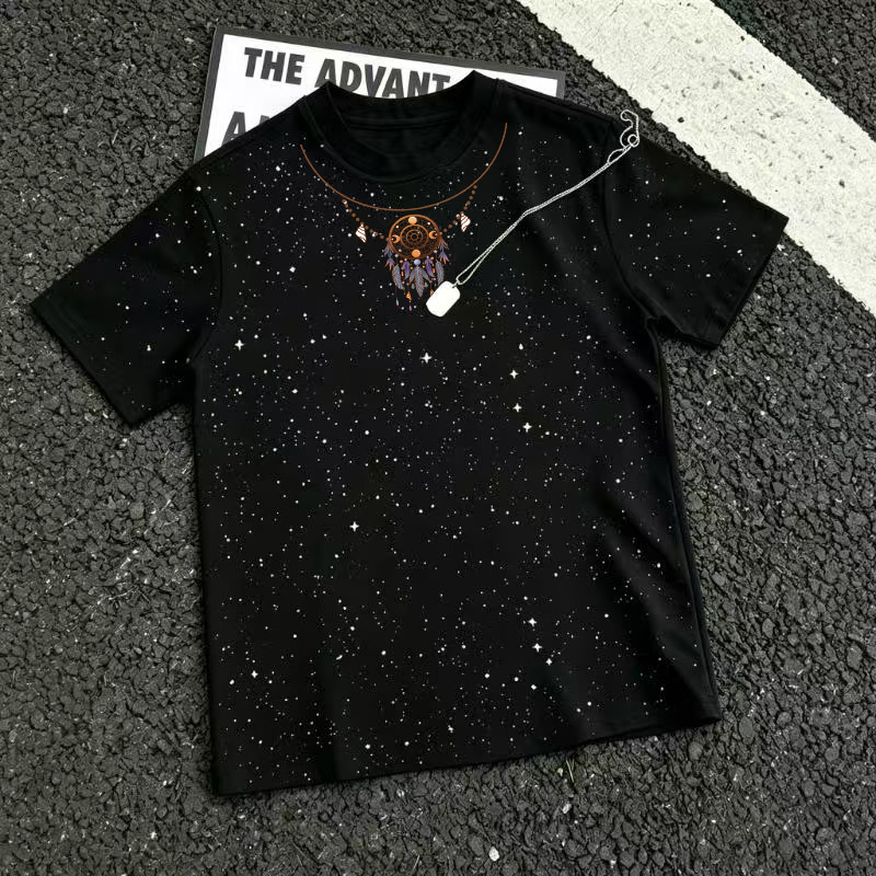 High-End Starry Sequin Sparkling Pure Cotton Short-Sleeved T-Shirt for Men, New Summer Style American Trendy Brand Printed Top