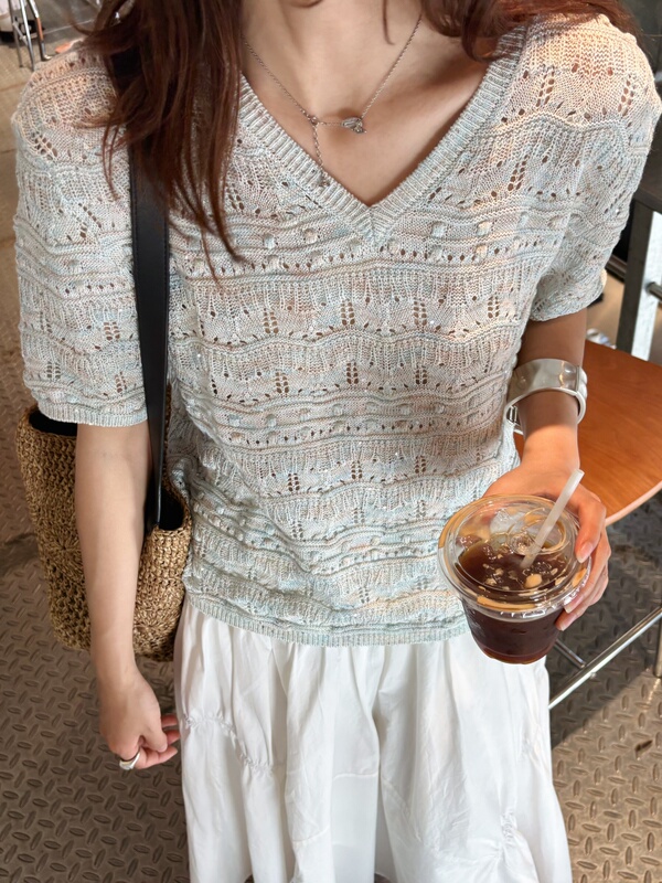 Hemisphere Linen Cotton Gradient Sequin Short-Sleeve Knit Top V-Neck Hollow Out Simple Cleanfit Heavy Crochet