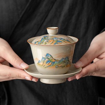 Wood ash sancai cover bowl tea cup set single anti-scalding home simple ceramic office kung fu tea brewing bowl tea set