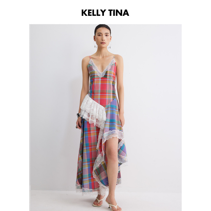 Kelly Tina Retro Plaid Suspender Dress for Women with Lace Splicing and Asymmetrical Hem, Holiday Style Long Dress