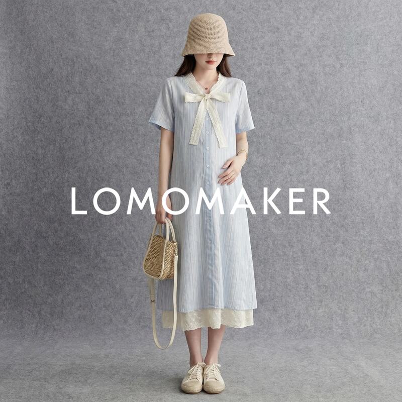 French Lomomaker【Blue Striped Lace Dress】Maternity Dress Summer Daily V-Neck A-Line Dress French Lomomaker【Blue Striped Lace Dress】Maternity Dress Summer Daily V-Neck A-Line Dress