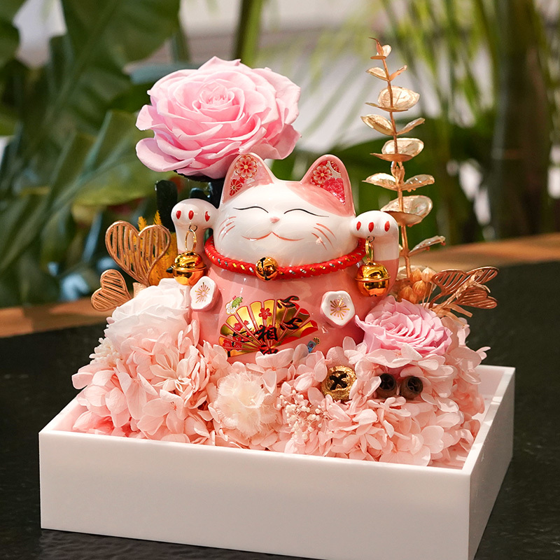 Pray for Good Fortune with Eternal Flowers, Lucky Cat, Rose Dried Flower Gift Box for Girlfriend, Wife, Teacher, Best Friend, Birthday, Engagement, or Wedding Gift