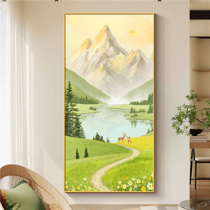 Decorative Painting Facing the Golden Mountain at the Entrance, High-End and Grandiose Wall Art for the Hallway, Landscape Mural