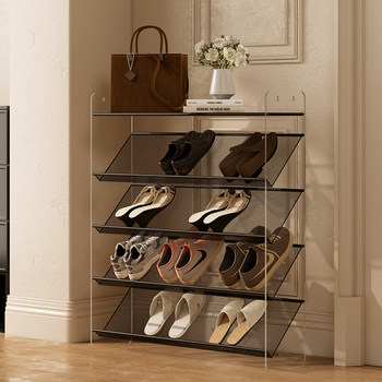 Slanted acrylic shoe rack can be placed in the simple entrance of the home for shoes storage rack next to the corridor