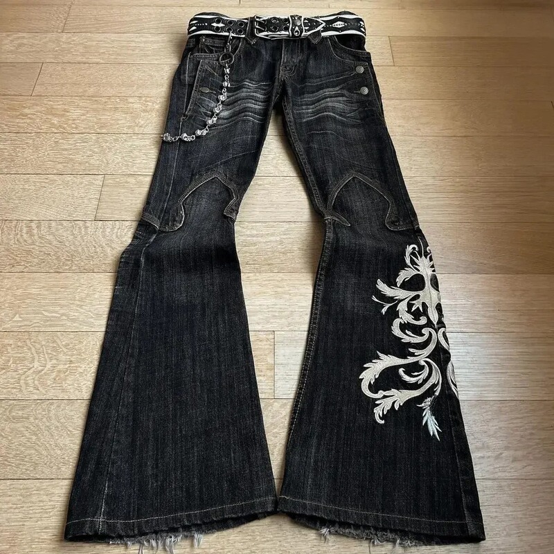 Cross-Border New Men's Heavy Embroidery Jeans Punk Flared Pants Y2K Washed Long Pants Dark Style Pants