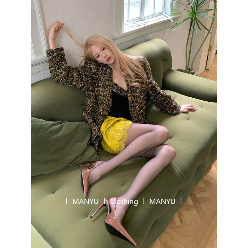 Chanel-Style Jacket for Women, Autumn High-End Vintage Mixed-Color Woven Tweed Light Luxury Sophisticated Blazer Top