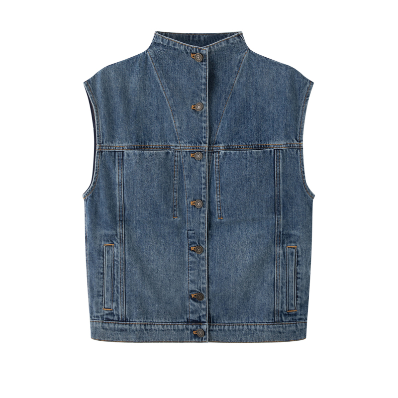 2026 Autumn New Fashion Versatile Stand-Collar Personalized Denim Sleeveless Vest Short Jacket for Women, Same Style as in the Mall