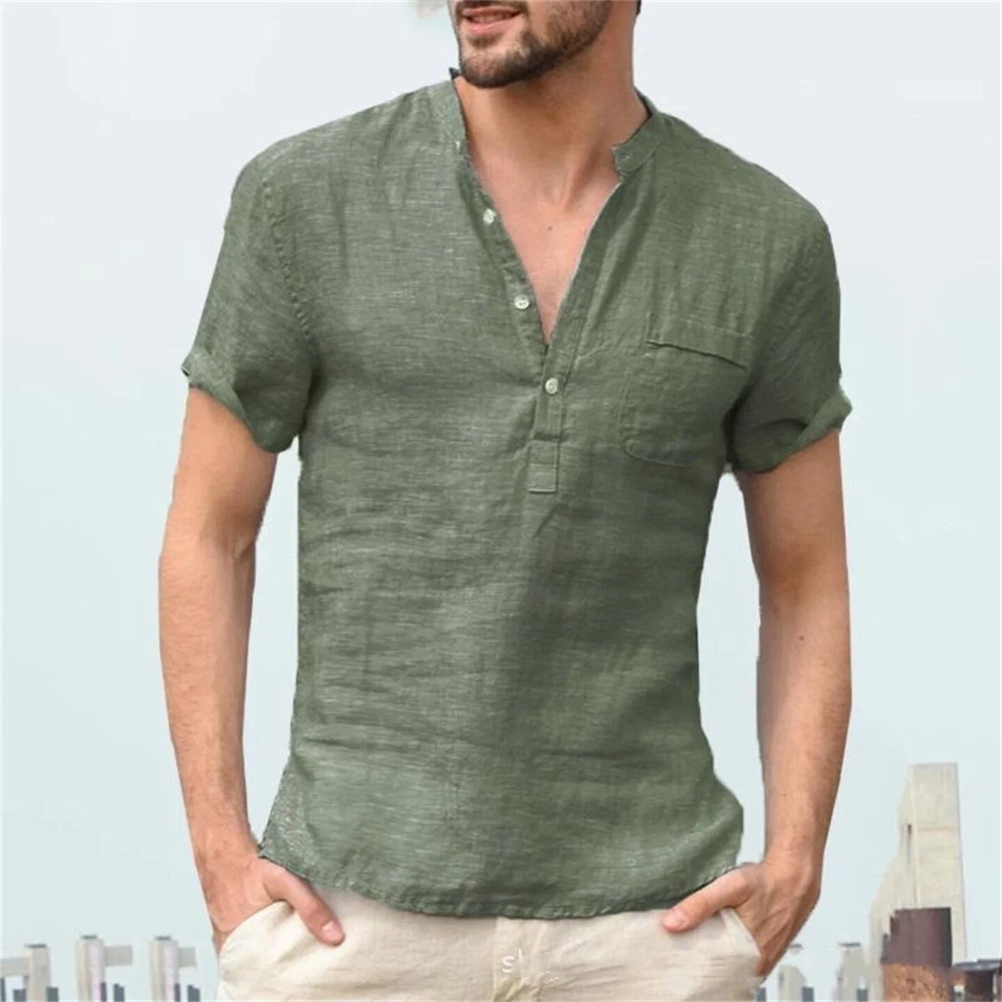 товар из китая men's summer casual solid color pocket short sleeve thin pu