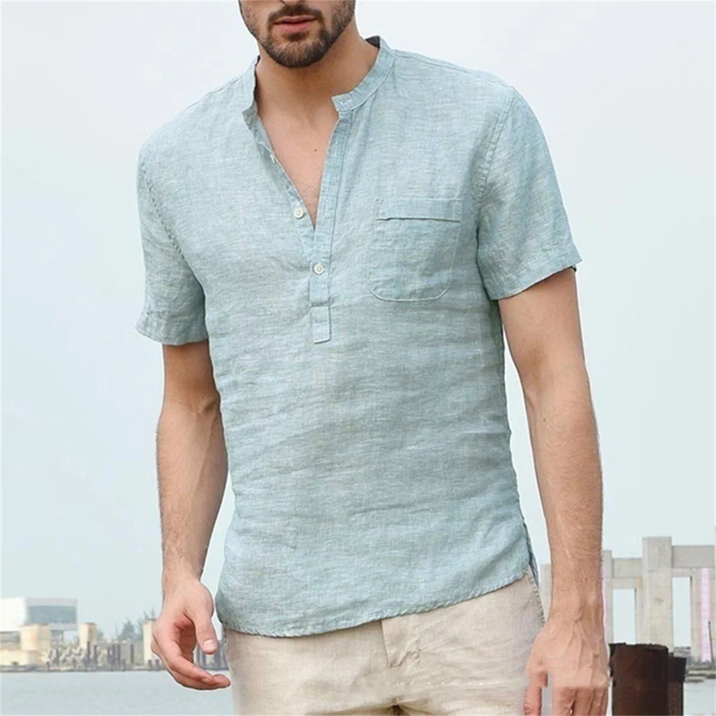 товар из китая men's summer casual solid color pocket short sleeve thin pu