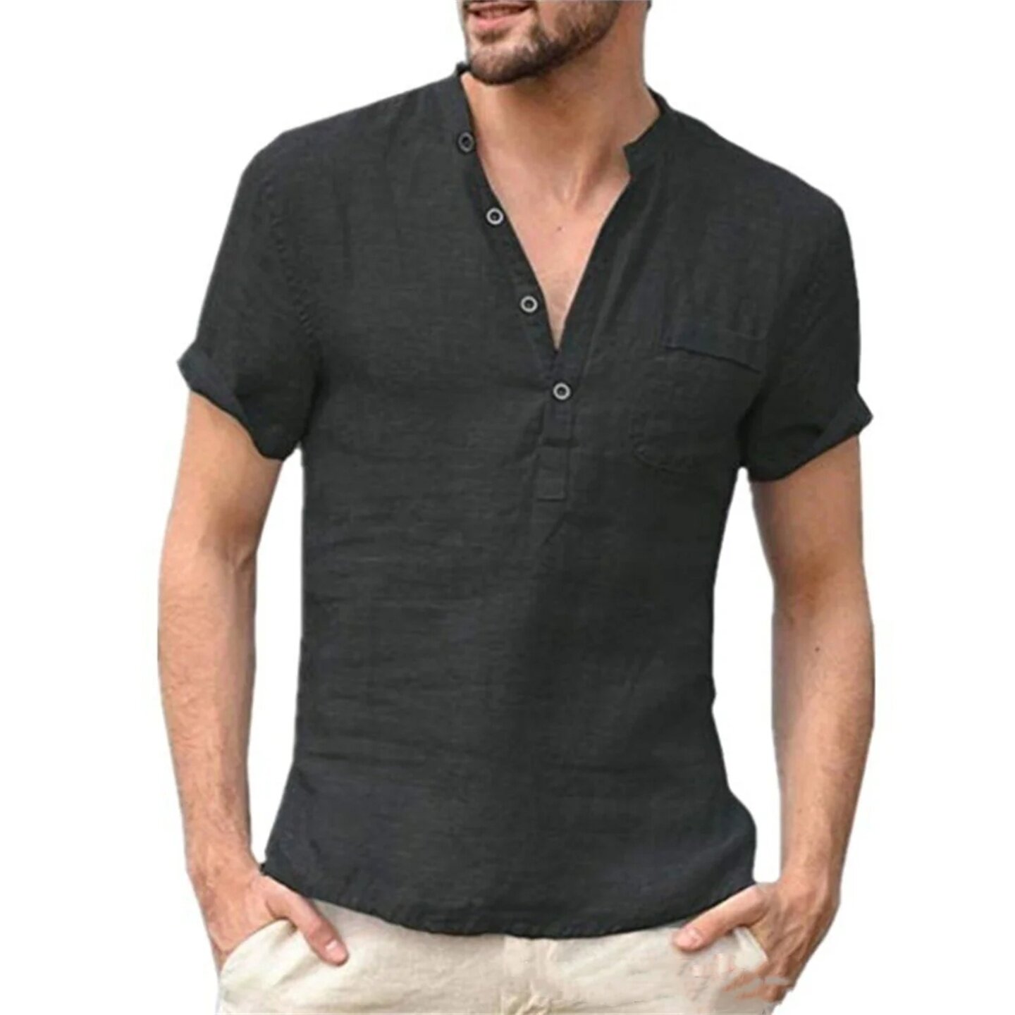 товар из китая men's summer casual solid color pocket short sleeve thin pu