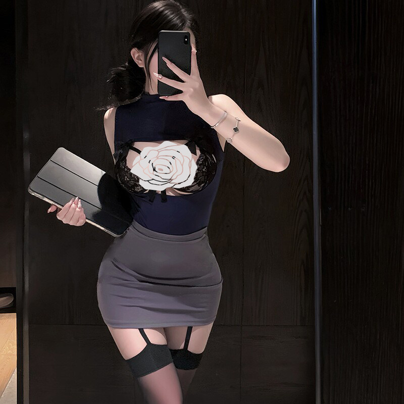 Veselovska【Alluring】Sexy Secretary Bodycon Dress Role Play Hollow Lace Nightdress Mature Style Outfit